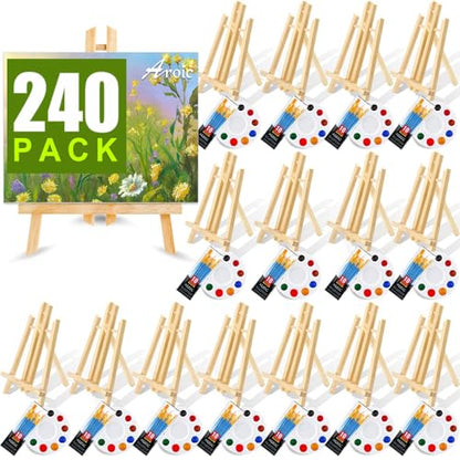 240 PCS Professional Painting Set with 20 PCS Wood Easels,20 Packs of 200 Brushes with Nylon Brush Head and 20 PCS Palettes, Painting Supplies kit for Kids & Adults to Painting Party. - style: 240Pcs(20 Sets)