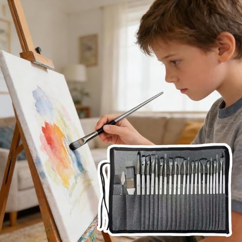 24 Pieces Professional Paint Brush Set for Acrylic Oil Watercolor Gouache Painting, Nylon Bristles, Ergonomic Handles