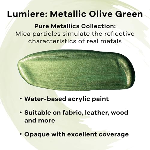 Jacquard Lumiere 2.25oz Fabric Paint Metallic Olive Green - Metallic Paint for Fabric Leather Canvas Paper and Wood - Light-bodied Metallic Acrylic Paint - Lightfast & Vibrant Acrylic Paints - color: Metallic Olive Green, size: 2.25 Fl Oz (Pack of 1)