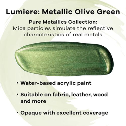 Jacquard Lumiere 2.25oz Fabric Paint Metallic Olive Green - Metallic Paint for Fabric Leather Canvas Paper and Wood - Light-bodied Metallic Acrylic Paint - Lightfast & Vibrant Acrylic Paints - color: Metallic Olive Green, size: 2.25 Fl Oz (Pack of 1)