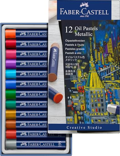 Faber-Castell Creative Studio Oil Pastels, Multicoloured, Cardboard Box Of 12 Metallic, For Art, Craft, Drawing, Sketching, Home, School, University, Colouring