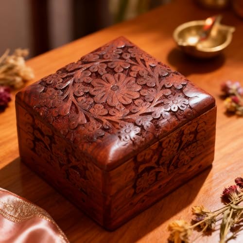 GURU JEE Wooden Hand Carved Keepsake Box Jewellery Armoire Chest Organiser Perfect Unique Gifts Ideas For Women - color: FLWD_4X4