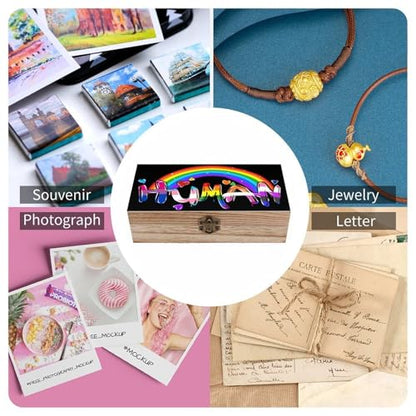 Human LGBTQ Pride Rainbow Flag Jewelry Box Wooden Rustic Multi-Purpose Organizer with Front Clasp for Jewelry, Crafts, Accessories & Small Items - color: style