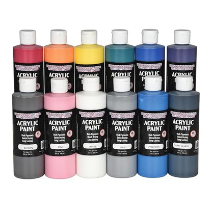 Constructive Playthings Acrylic Paint Set – 12 Vibrant 8 oz Bottles Made in the USA – Thick, Rich Pigment for Rock Painting, Pouring, Fluid Art & Canvas Painting