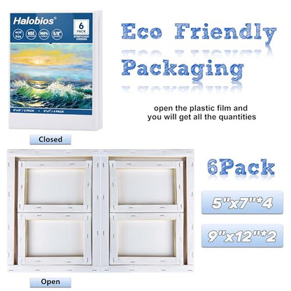 Halobios 6 Packs Stretched Canvases for Painting with 5x7in,9x12in Canvas, Blank Canvases for Acrylics, Oils & Other Painting Media, 5/8 Inch Profile 100% Cotton Artist Framed Canvas - size: 6 Pack Mixed - 9×12IN 5×7IN