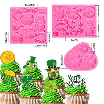 Whaline 3Pcs St. Patrick's Day Fondant Molds Shamrock Hat 3D Silicone Moulds Leprechauns Gnome Shoes Clover Shoes Pattern Resin Mold Cupcake Cookie Baking Decorating Mould for Irish Holiday DIY Candy - style: Shamrock