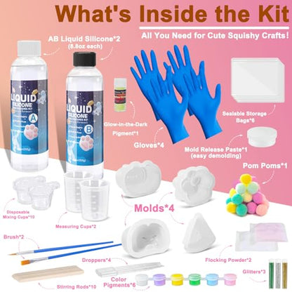 Taba Squishies Kit – 18oz 1:1 AB Liquid Silicone DIY Set with Paw, Cat, Cheese & Hamster Molds, Flocking Powder, Mixing Tools, Bubble-Free Texture – Make Your Own Squishies for Stress Relief & Fun