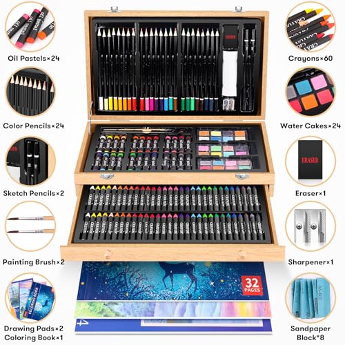 iBayam Art Supplies, 150-Pack Deluxe Wooden Art Set Crafts Drawing Painting Kit with 1 Coloring Book, 2 Sketch Pads, Creative Gift Box for Adults Artist Beginners Kids Girls Boys - color: Natural