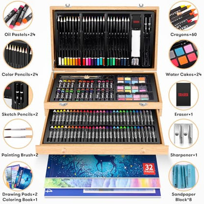 iBayam Art Supplies, 150-Pack Deluxe Wooden Art Set Crafts Drawing Painting Kit with 1 Coloring Book, 2 Sketch Pads, Creative Gift Box for Adults Artist Beginners Kids Girls Boys - color: Natural