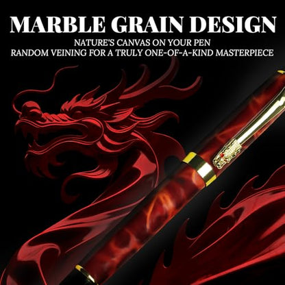 YUNCHUN Red Dragon Fountain Pen for Writing, Refillable Luxury Metal Pens, Fancy Ink Pen with 10 Black and 10 Blue Ink Refills, Gift Sets for Men and Women, Business Writing Pen with Marble Grain - color: Red Marble Grain