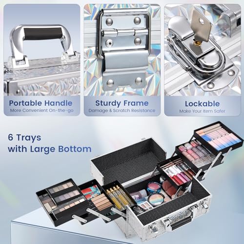 FRENESSA Makeup Case Cosmetic Train Case Organizer 11.8 Inch Large Makeup Box Travel Storage Make Up Train Carrying Case with 6 Trays Locking Hard Vanity Storage Glitter Silver - color: Silver