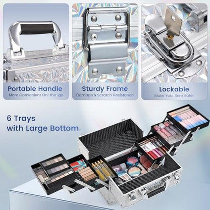 FRENESSA Makeup Case Cosmetic Train Case Organizer 11.8 Inch Large Makeup Box Travel Storage Make Up Train Carrying Case with 6 Trays Locking Hard Vanity Storage Glitter Silver - color: Silver