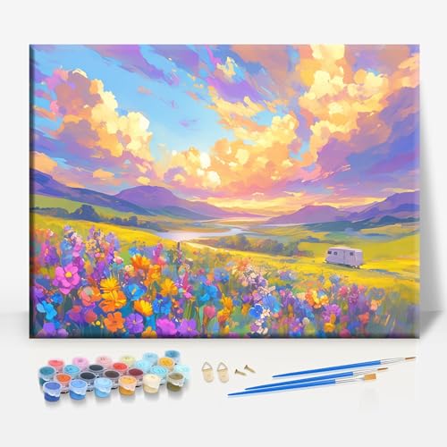 HUINORYA Colorful Camper Camping Framed Canvas DIY Paint by Numbers Kit Bar Cafe Cave Home Room Wall Bathroom Porch Patio Decor Gift, 16 x 12 Inch - color: COLORFUL CAMPER