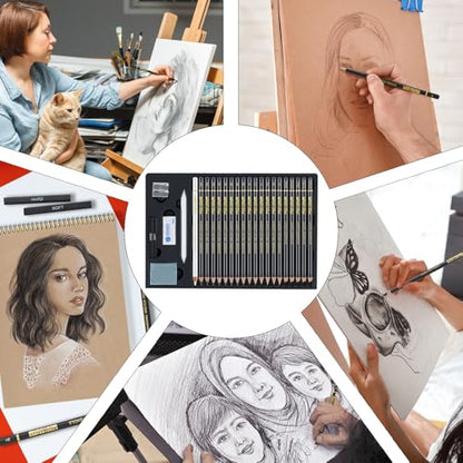 PANDAFLY Drawing Sketching Pencil Set, 26 Piece, 4H-14B Graphite Pencils | Charcoal Pencils & Sticks, Vinyl & Kneaded Erasers, Sharpener & Blending Stump, Artist Pencils for Artists and Beginners