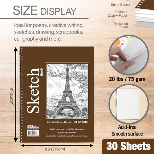 BAZIC Products Sketch Book, Side Bound, 8.5 x 11 in, 30 Sheets, 2-Pack | 30-sheet spiral sketch book, smooth drawing paper for sketching, shading - color: 30 Sheets - 8.5"x11", size: 2-Pack