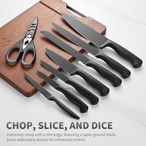 Black Knives Set, 15-Piece Stainless Steel Kitchen Knife Block Sets with Built-In Sharpener, Professional Knife Set with Scissors, Steak Knives - color: Black