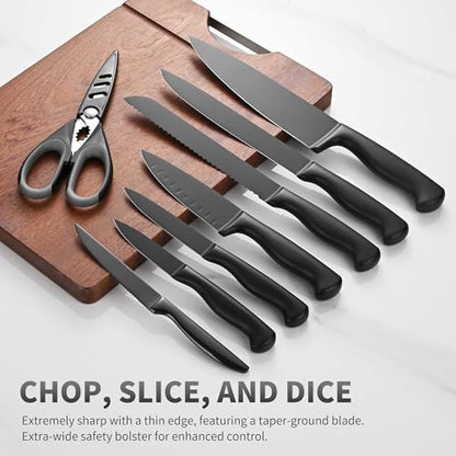 Black Knives Set, 15-Piece Stainless Steel Kitchen Knife Block Sets with Built-In Sharpener, Professional Knife Set with Scissors, Steak Knives - color: Black