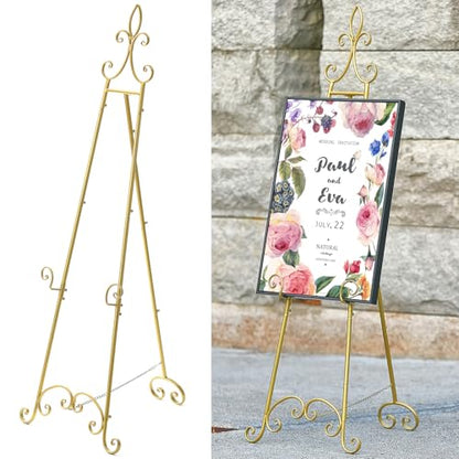 61”H x 20”L x 24”W Metal Extra Large Free Standing Display Stand Easel, Gold Scroll Floor Easel Stand for Sign Wedding Mirror Picture Frame, with Adjustable Chain