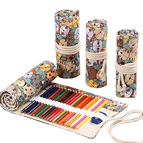 Funny live 36/48/72 Slots Colored Pencil Wrap Pencils Roll Holder Coloring Pencils Organizer Holder Colored Pen Paint Brush Storage Pouch Portable for Artist Student (Cat, 72 Slots) - color: Cat, size: 72 Slots