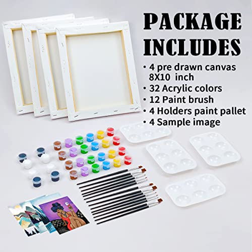 VOCHIC 4 Pack Painting Kit Pre Drawn Canvas for Painting for Adults Party Kits Paint and Sip Party Supplies 8x10 Canvas to Paint Art Set - size: 8x10, style: style 4