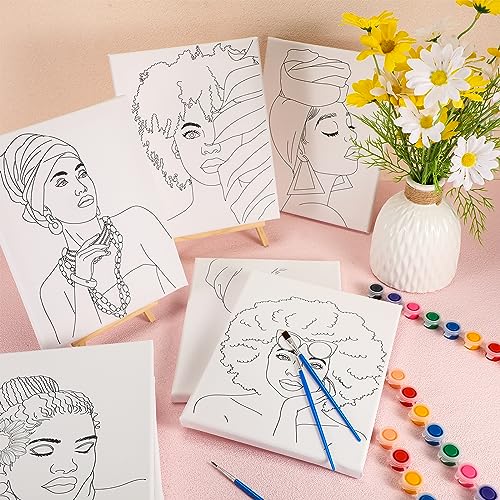 Sherr 75 Pcs 15 Set Pre Drawn Canvas Kit for Painting Craft Sip and Paint Kit for Adults Boho Black Women Pre Printed Canvas Painting Favor for DIY Black History Month Gifts Adult's Date Party - style: Boho Lady