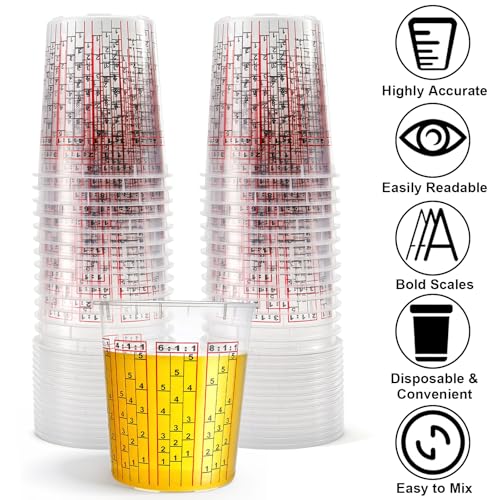 Yesland 30 Pack Paint Mix Cups with Lids, 32 Ounce Plastic Paint and Epoxy Mixing Cups with Calibrated Mixing Ratios on Side of Cup, for Paint, Activators, and Thinner