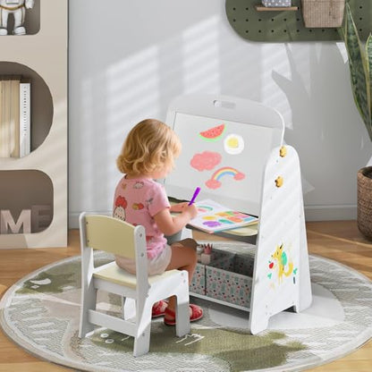 HONEY JOY Kids Art Easel, Wooden Double-Sided Toddler Table & Chair Set w/Adjustable Magnetic White Board & Chalkboard, Bookshelf & Storage Bin, Arts & Crafts (Natural + White) - color: Natural + White