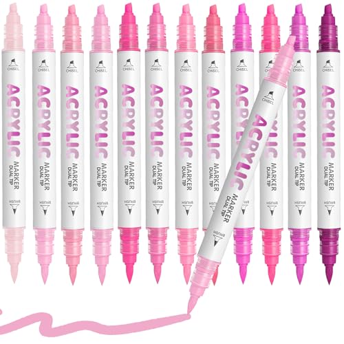 Pink Acrylic Paint Pens, Water Based 12 Colors Dual Tip Acrylic Paint Markers for Rock Painting Wood, Glass, Ceramic, Canvas, Fabric, Stone, DIY Crafts Making Art Supplies - color: Pink Series