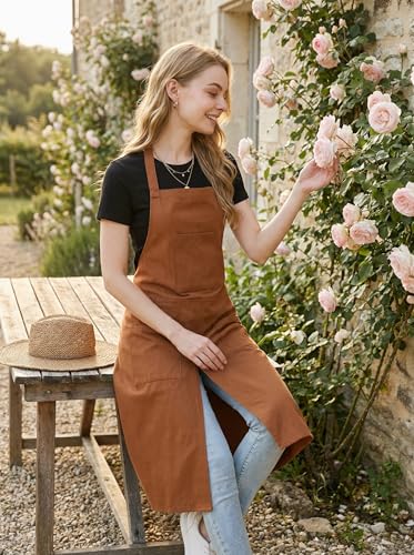Molaxhome Split Apron with 3 Pockets,Unisex Pottery Apron with Adjustable Strap for Kitchen Ceramics - color: Brown