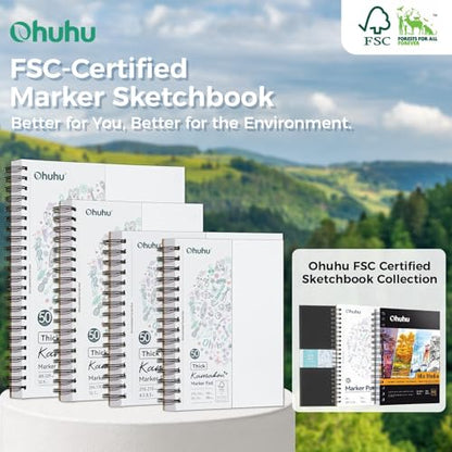 Ohuhu Double-Sided Bleedproof Marker Pad - 8.3"x8.3" Square Paper Size - 160 LB/280 GSM Heavyweight Smooth Drawing Paper - 50 Sheets/100 Pages - Spiral-Bound Sketchbook for Alcohol Markers - size: 8.3" x 8.3"