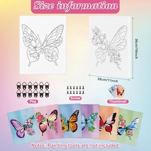 COCHIE 6 Pack 11x14 Inches Butterfly Flower Pre Drawn Canvas to Paint for Sip and Paint Party, Pre Printed Framed Canvases Set, Butterflies Pre Sketched Canvas for Painting for Adults Kids - size: 11x14 Inches, style: Butterfly