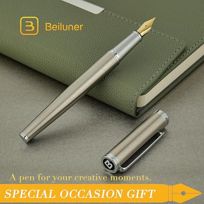 BEILUNER Luxury Fountain Pen Set, Solid 24K Gilded Medium Nib, Silver Stainless Steel Body- Includes 6 Ink Cartridges & Ink Refill Converter with Gift Case - Nice pen for Men and Women - color: Silver, style: Medium Nib