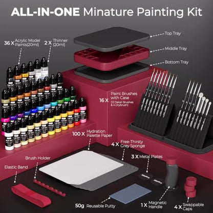 Nicpro All-in-One Miniature Painting Kit, Including 36 Colors Model Paint, Wet Palette, 16PCS Detail Paint Brushes Drybrush with Bag, Magnetic Painting Handle, Sponges, Pallet Paper, Brush Holder - color: 36 Model Paint + Wet Palette