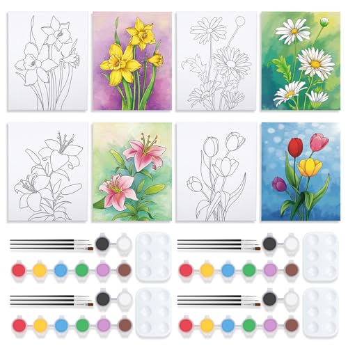 VOCHIC 4 Pack Sip and Paint Kit, Pre Drawn Canvas for Painting for Adults Kids Pre Printed Canvas to Paint Party Supplies Girls Night Games Date Night Art Set Flower Theme 8x10 in - size: 8x10, style: style 9