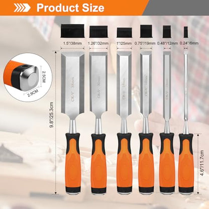KINGBRO Wood Chisel, 6 Pcs Wood Carving Chisels for Woodworking Tools, Durable Carbon Steel PP+TPR High Impact Handle Wood Chisel Sets Gifts for Woodworkers Carpenter Craftsman, 6/12/19/25/32/38mm
