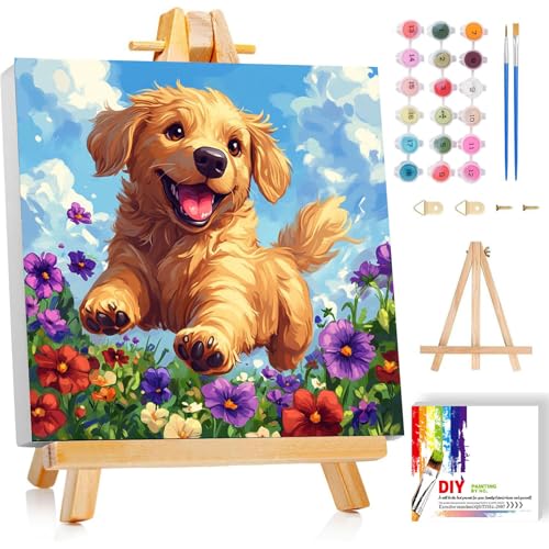 Dog Paint by Numbers Kit for Kids with Frame - Cute Dog Paint by Number for Kids, Kid Painting by Number Kits Age 8-12 for Home Wall Decor 8X8inch (with Wooden Easel) - color: BKH1652