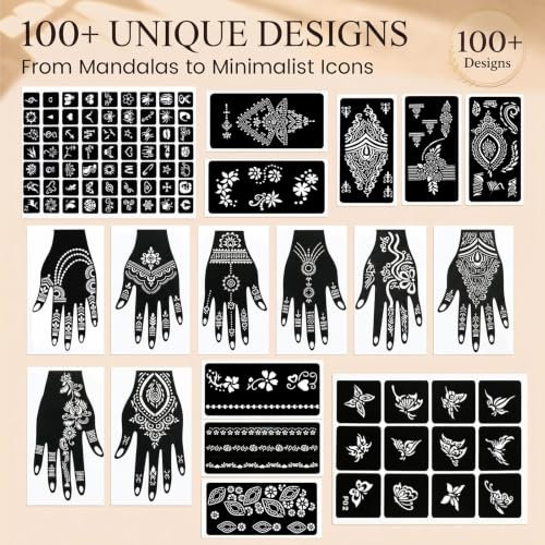 Koogel 18 Sheets Henna Tattoo Stencils, Temporary Flower Patterns Glitter Airbrush Tattoo Kits Arabian Stickers for Women and Girls Face Hand Paint Body Art - color: Black2