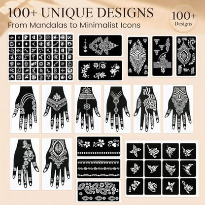 Koogel 18 Sheets Henna Tattoo Stencils, Temporary Flower Patterns Glitter Airbrush Tattoo Kits Arabian Stickers for Women and Girls Face Hand Paint Body Art - color: Black2