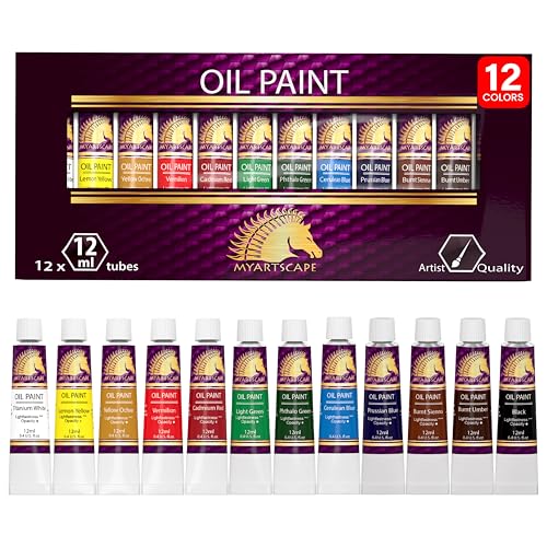 MyArtscape Oil Paint Set, 12 Colors, 12 x 0.4 fl oz (12 ml) Tubes, Lightfast Heavy Body High Pigment Oil Paints, Non Fading Vibrant Colors, Artist Quality Professional Painting Supplies