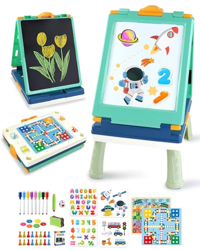 Elovien Easel for Kids,Tabletop Easel for Toddler, Foldable 4 in 1 Double Sided Kids Art Easel with Chalkboard & Magnetic Whiteboard,Portable Desktop Drawing Board - Gift for Boys and Girls (Green) - color: Green