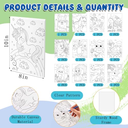 Ireer 84 Pcs 12 Sets Paint Party Kits Animal Pre Drawn Canvas, Wooden Easel, Paintbrushes, Palette, Acrylic Paints and Aprons, Pre Drawn Canvas to Paint for DIY Birthday Party Gift(8 x 10 Inches) - size: 8 x 10 inches