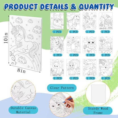 Ireer 84 Pcs 12 Sets Paint Party Kits Animal Pre Drawn Canvas, Wooden Easel, Paintbrushes, Palette, Acrylic Paints and Aprons, Pre Drawn Canvas to Paint for DIY Birthday Party Gift(8 x 10 Inches) - size: 8 x 10 inches