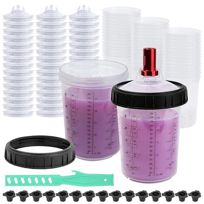 Disposable Paint Spray Gun Cups for Automotive Painting, 27 oz Paint Mixing Cup Kit, 45 Pack Cups with Lids, 2 Hard Cups, 2 Retainer Rings,1 Paint Gun Adapter and 1 Paint Stirrer - size: 27 ounce
