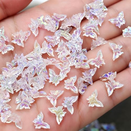 300Pcs Butterfly Nails Charms 3D Resin Elegant Butterfly Nail Rhinestones 3D Resin Aurora Butterflies Nail Gems and Charms Kawaii Nail Diamonds Butterfly Nails Jewels for Women Acrylic Nail Supplies - color: white