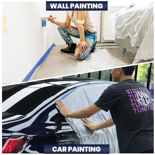 ADHES Painters Plastic with Tape, 48 inch x 90 feet x 3 Rolls Painters Tape with Plastic Attached, Pre Taped Masking Film Tape and Drape for Automotive Painting Covering - size: 48inch