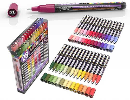 28 Wildflower Colors Acrylic Paint Pens Studio Color Series Markers Set 0.7mm Extra Fine Tip, Rock Painting, Glass, Mugs, Wood, Metal, Canvas, DIY, Detailing. Non Toxic, Waterbased, Quick Drying - color: WILDFLOWER XF
