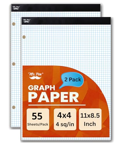 Mr. Pen- Graph Paper Pad, 8.5x11 Inches, 4x4 (4 Squares per Inch) | 2 Pack of 55 Sheets, 3-Hole Punched, Ideal for Math, Graphing and Sketching, Grid Paper for Students, Engineers, Artists - color: White 3-Hole Punched, size: 2 Pack 11"x8.5", 4 sq/in