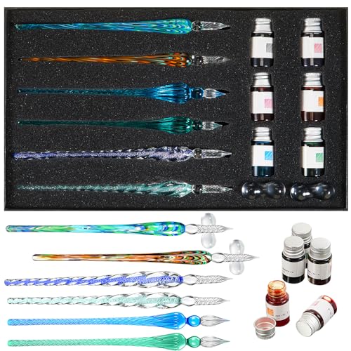 Zonon Glass Dipped Pen Ink Set 14 Pcs Crystal Signature Calligraphy Include 6 Pcs Glass Dip Pen 6 Colorful India Ink and 2 Holder for Art Writing Gift(Green Color System) - color: Green Color System