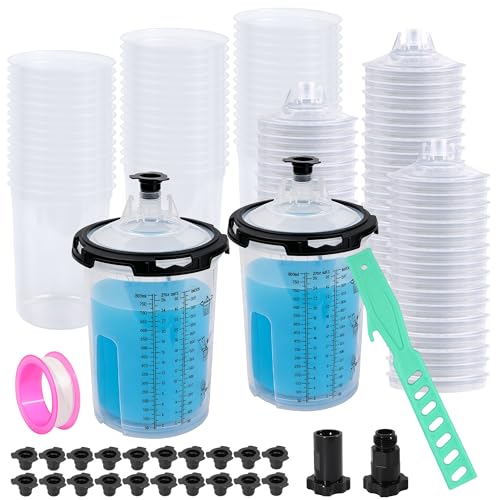 Disposable Paint Cups for Spray Guns, 45PCS 27oz (800ml) Paint Mixing Cup System with Lids, 2 Hard Cups & Retainer Rings, Ideal for Automotive Paint, Primer, Sealer and Clear Coat - size: 27 ounce
