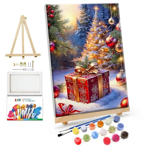 JOOZ Christmas Paint by Numbers Kit for Adults with Frame Christmas Ball Paint by Number with Easel Christmas Tree Adult Paint by Number Kits DIY Oil Painting Kits for Home Wall Decor 8x12 Inch - color: Christmas 021